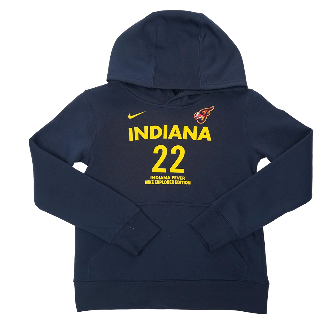 Youth 4-7 Indiana Fever #22 Caitlin Clark Explorer Name and Number Club Hooded Sweatshirt in Navy by Nike