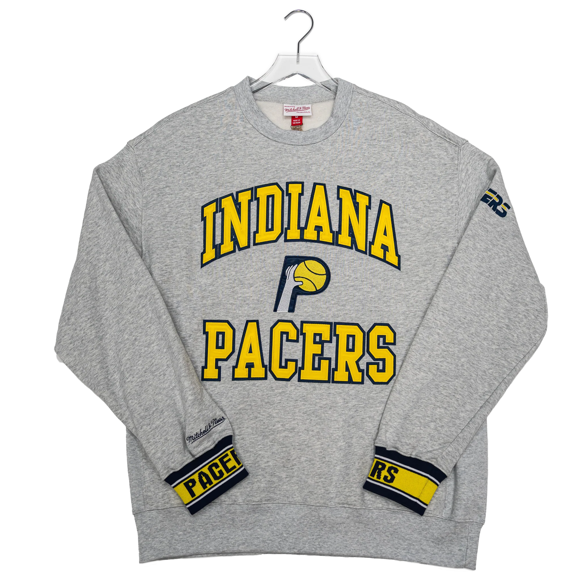 Adult Indiana Pacers Team Celebration Crewneck Sweatshirt in Grey by Mitchell and Ness 1 Adult Indiana Pacers Team Celebration Crewneck Sweatshirt in Grey by Mitchell and Ness