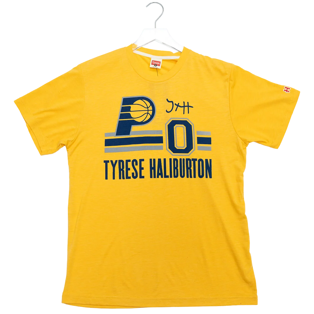 Adult Indiana Pacers #0 Tyrese Haliburton Name and Number T-shirt in Gold by Homage 3 Adult Indiana Pacers #0 Tyrese Haliburton Name and Number T-shirt in Gold by Homage