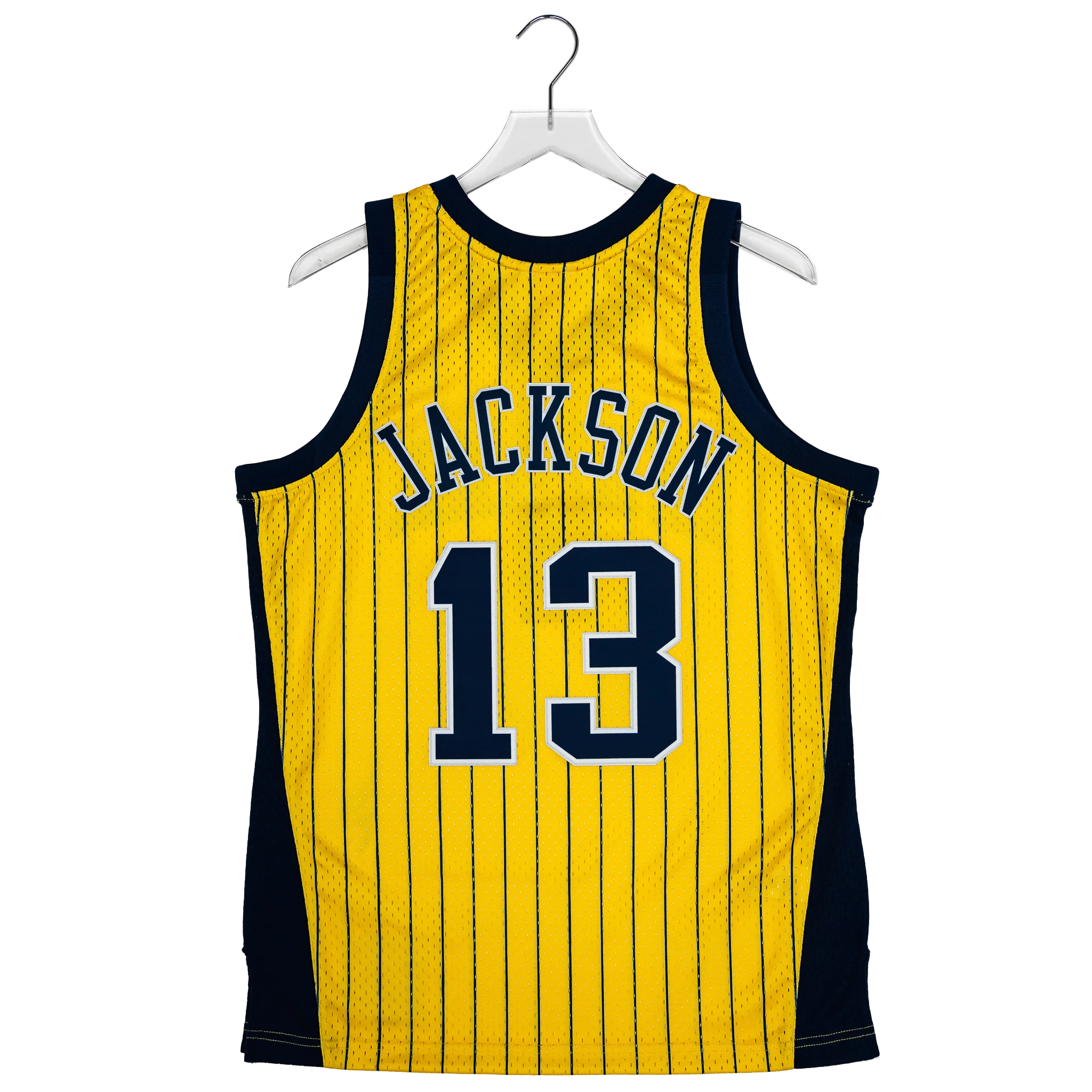 Adult Indiana Pacers #13 Mark Jackson Pinstripe Hardwood Classic Jersey in Gold by Mitchell & Ness