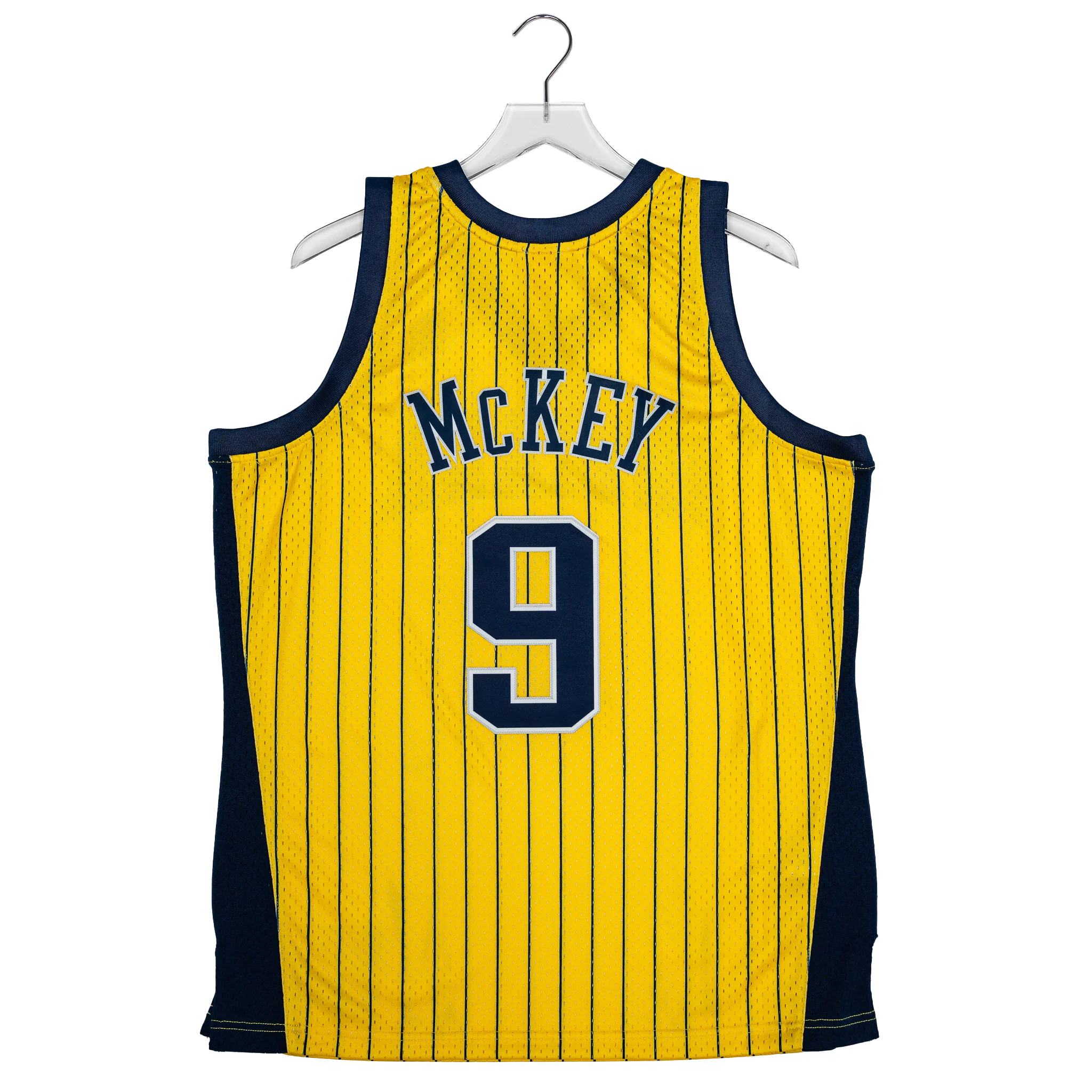 Adult Indiana Pacers #9 Derrick McKey Pinstripe Hardwood Classic Jersey in Gold by Mitchell & Ness