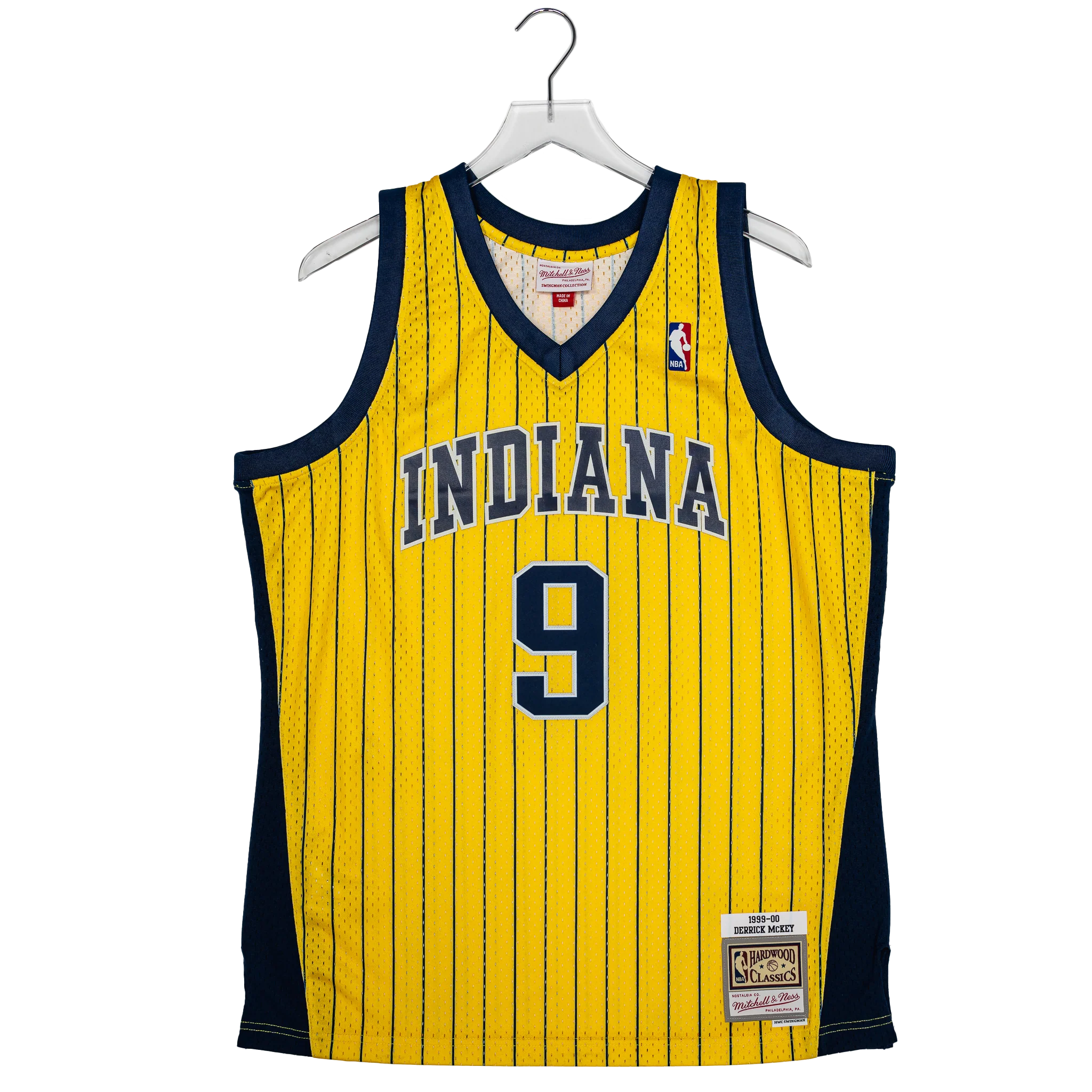 Adult Indiana Pacers #9 Derrick McKey Pinstripe Hardwood Classic Jersey in Gold by Mitchell & Ness
