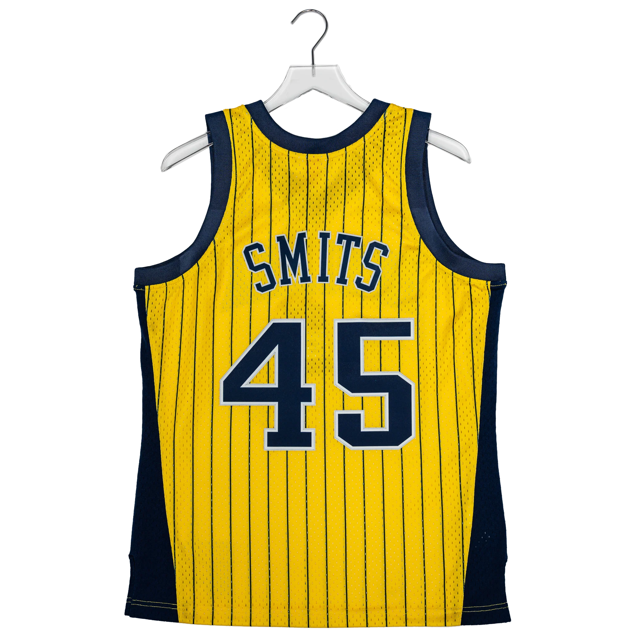 Adult Indiana Pacers #45 Rik Smits Pinstripe Hardwood Classic Jersey in Gold by Mitchell & Ness