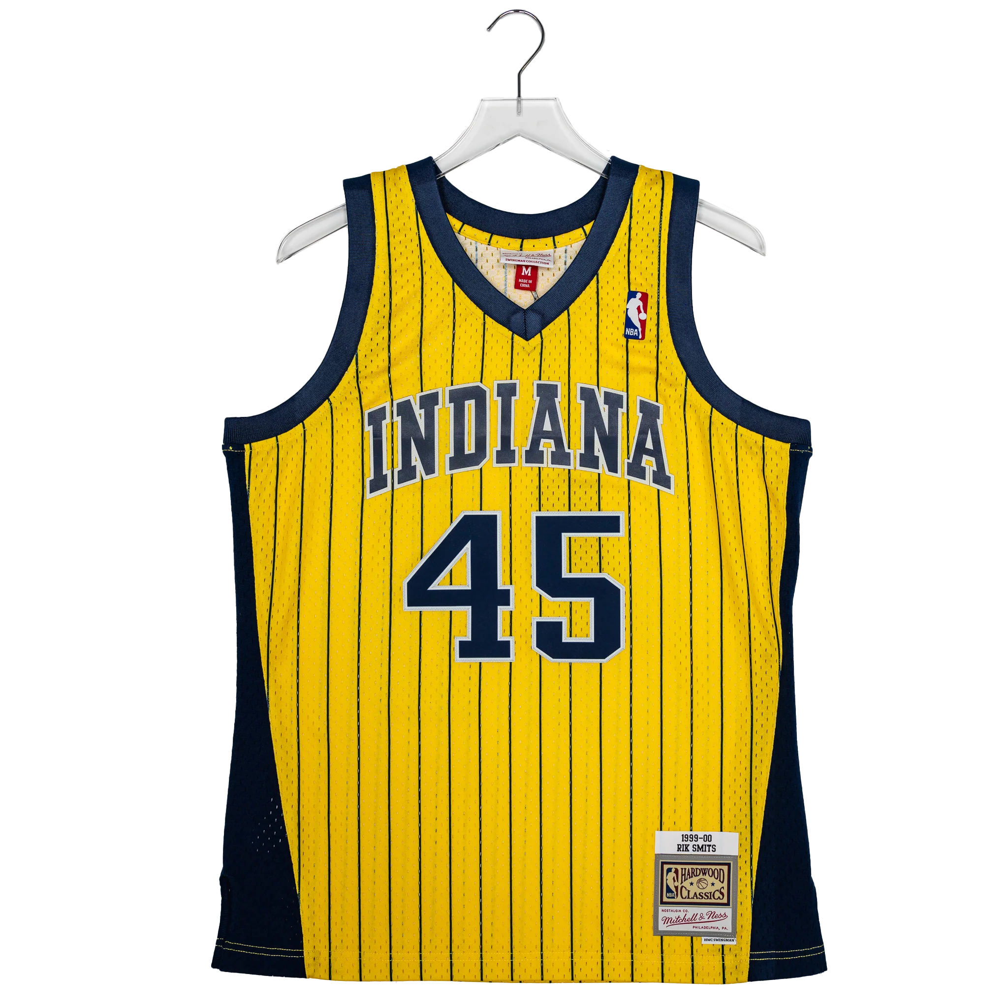 Adult Indiana Pacers #45 Rik Smits Pinstripe Hardwood Classic Jersey in Gold by Mitchell & Ness