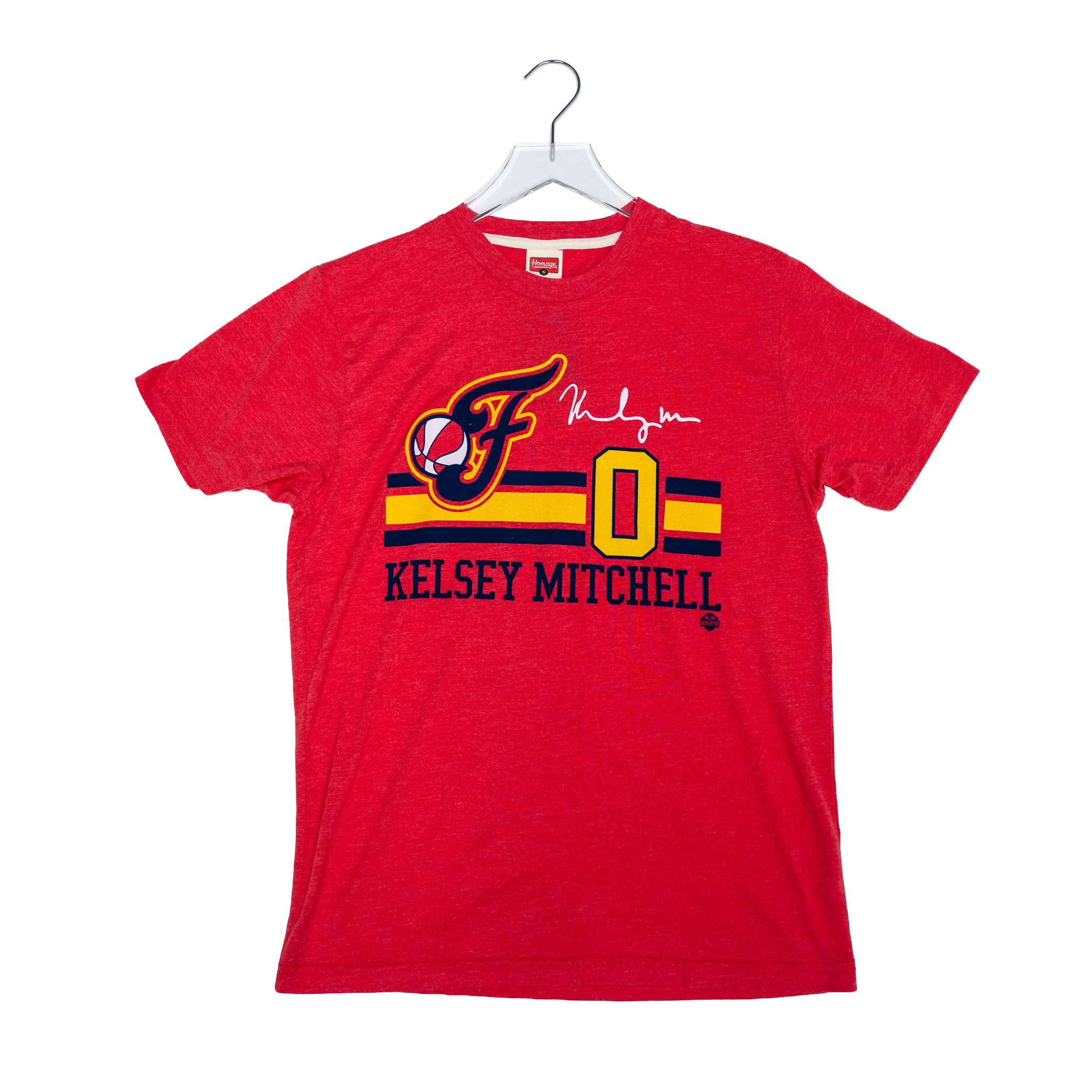 Adult Indiana Fever #0 Kelsey Mitchell Name and Number T-shirt in Red by Homage