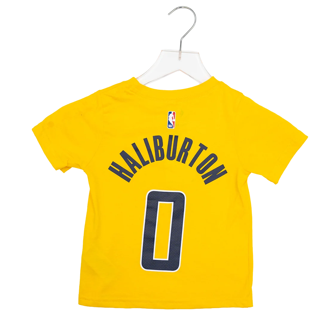 Toddler Indiana Pacers #0 Tyrese Haliburton 26-27' Statement Name and Number T-shirt in Gold by Jordan 4 Toddler Indiana Pacers #0 Tyrese Haliburton 26-27' Statement Name and Number T-shirt in Gold by Jordan