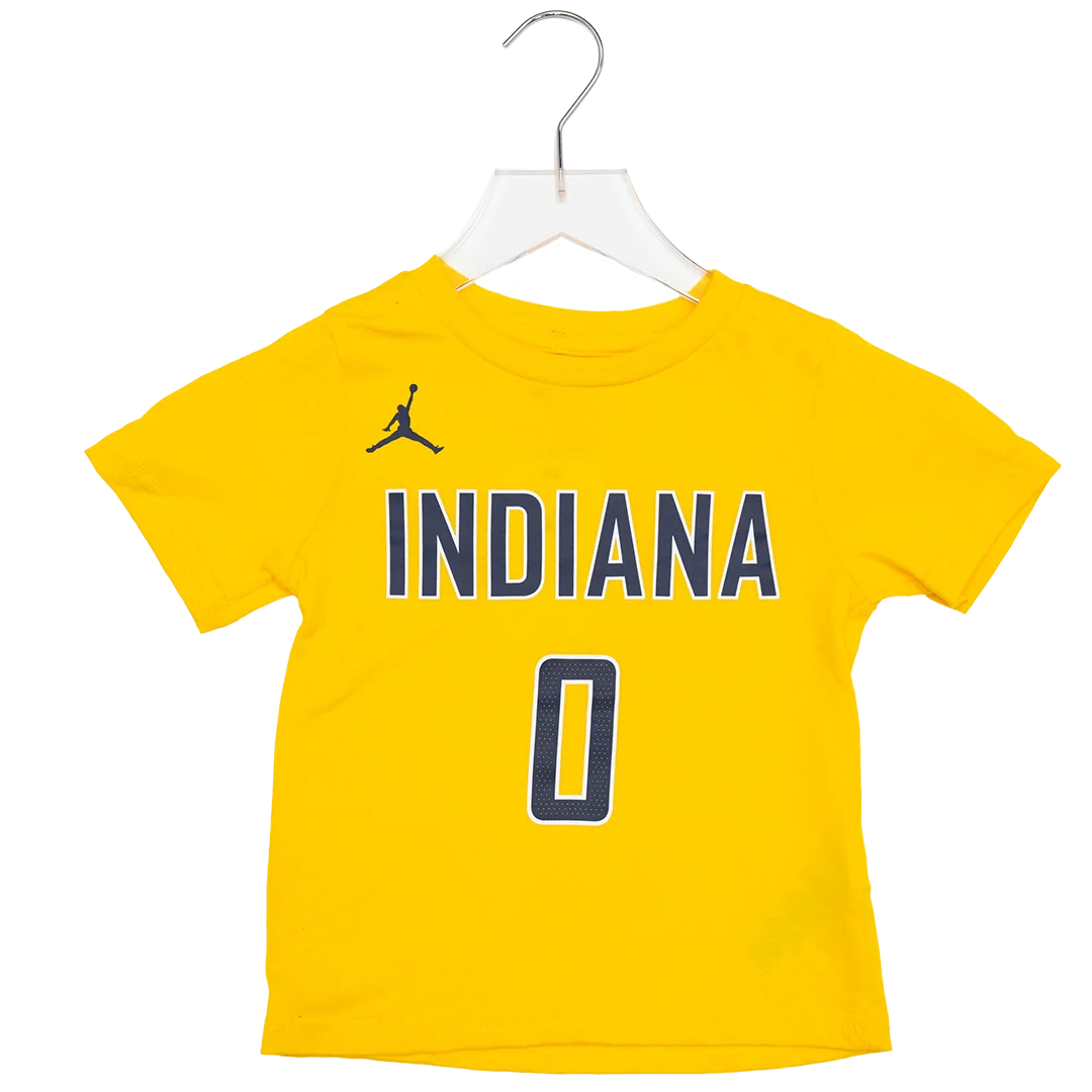 Toddler Indiana Pacers #0 Tyrese Haliburton 26-27' Statement Name and Number T-shirt in Gold by Jordan