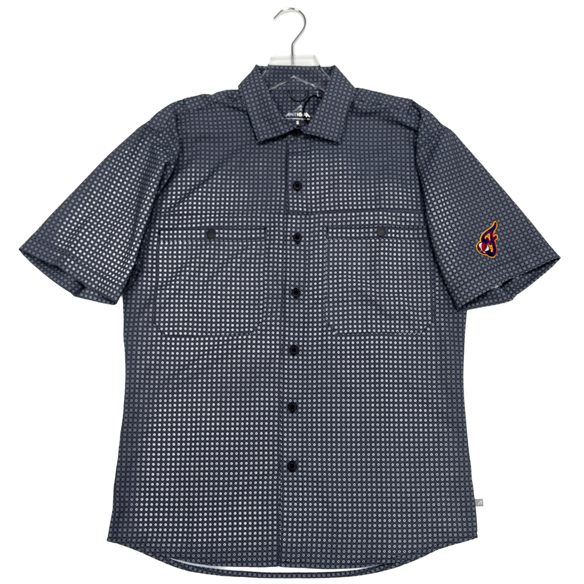 Adult Indiana Fever Short Sleeve Mosaic Woven Button Down Shirt in Black by Antigua 1 Adult Indiana Fever Short Sleeve Mosaic Woven Button Down Shirt in Black by Antigua