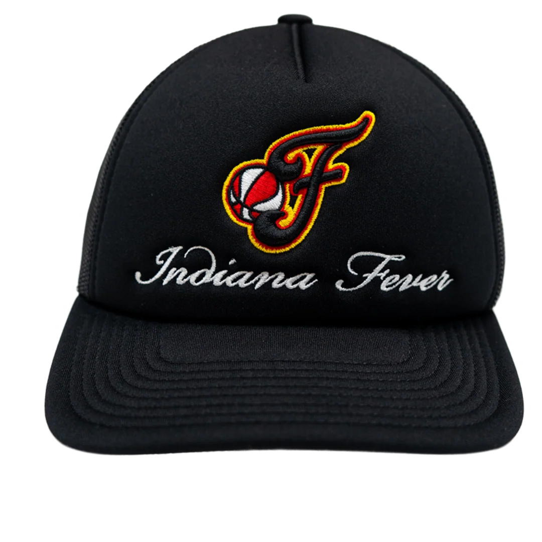 Adult Indiana Fever Fancy Script Trucker Hat in Black by Mitchell & Ness