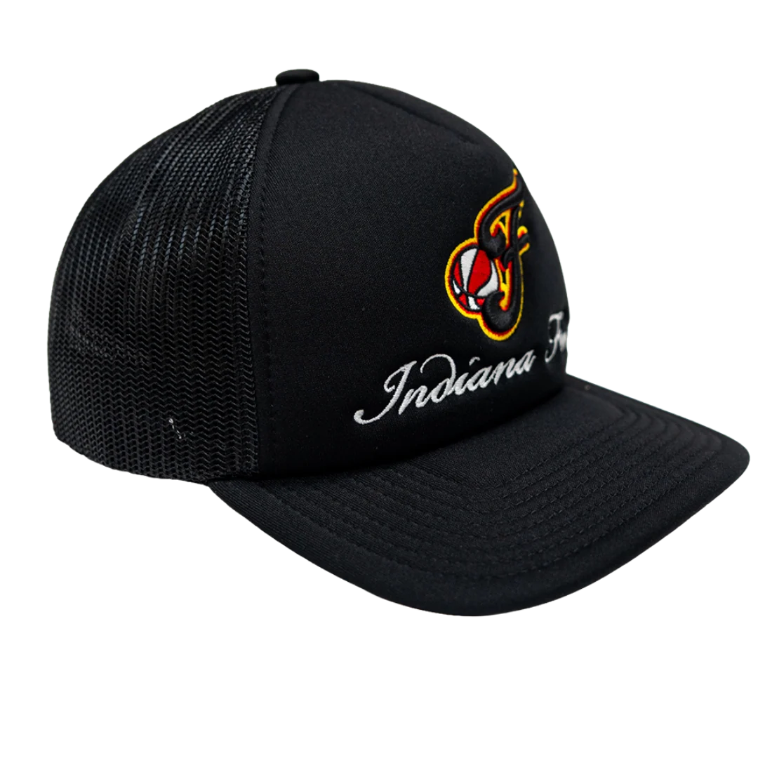 Adult Indiana Fever Fancy Script Trucker Hat in Black by Mitchell & Ness